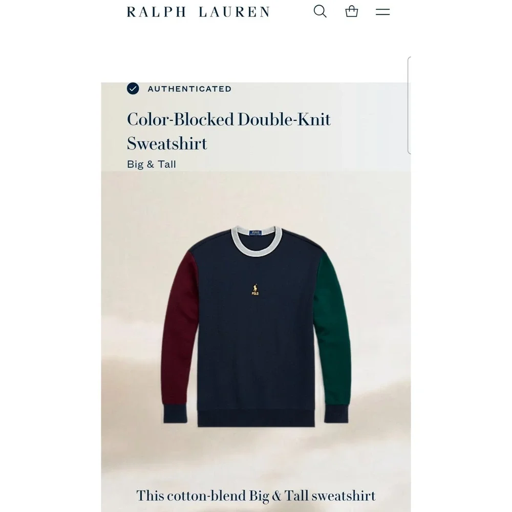 NEW Polo Ralph Lauren Sweatshirt Mens‎ 4XB Blue Color-Blocked Double Knit Pony